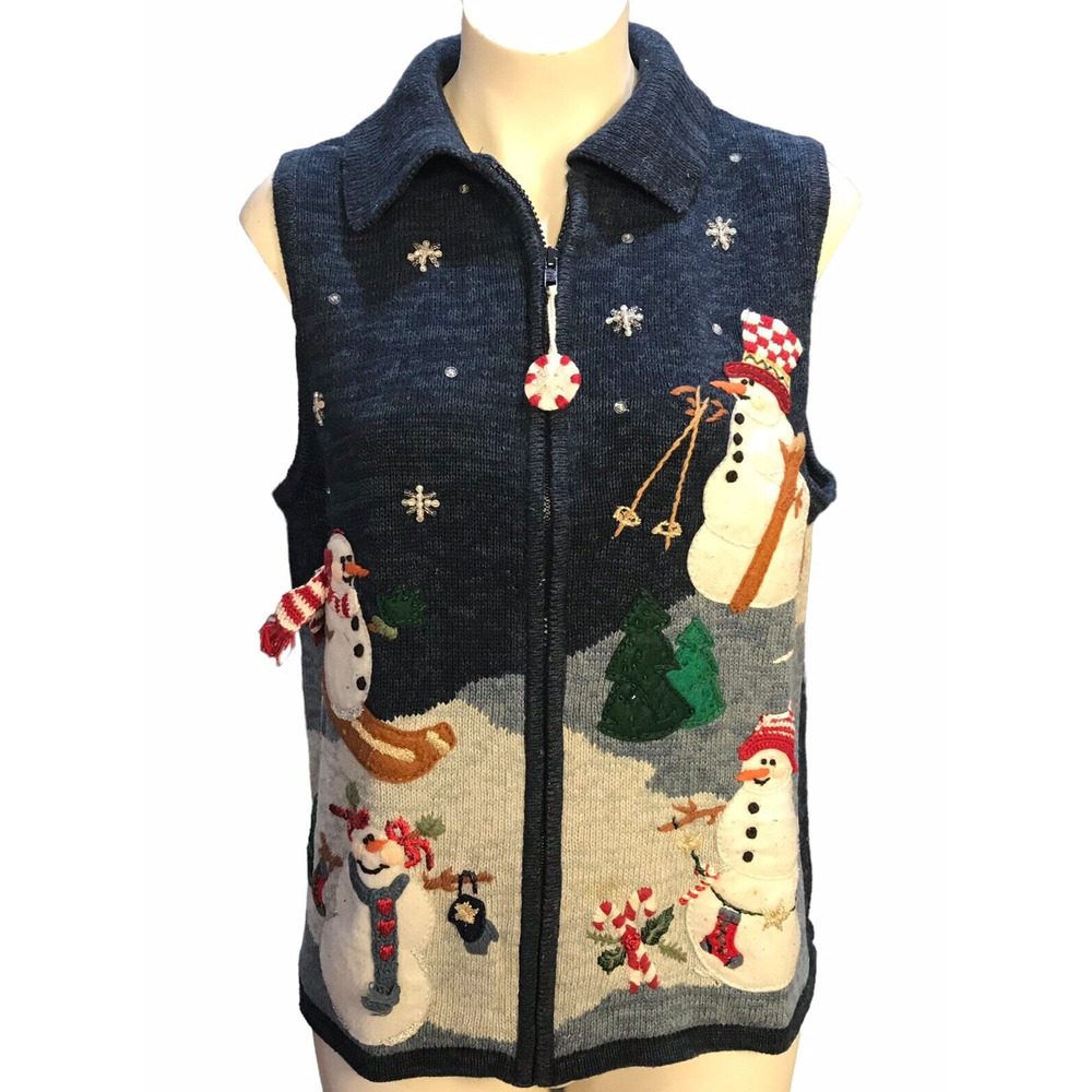 Tiara International Sweater Vest Vintage Snowman Collared Womens Large